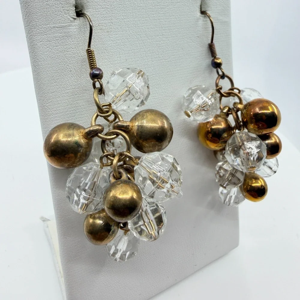 VTG Y2K Chunky Cluster Dangle Earrings Gold Tone Clear Faceted Bead Grape Charm